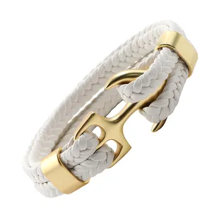 Atacado Mens Pulseiras Novo Design Personalizado Gold Anchor Pulseira De Couro Trançado Branco Para Homens Presente De Luxo