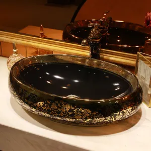 Goldene muster Handgemachte China Lavabo Waschbecken waschbecken schüssel arbeitsplatte oval Form Keramik waschbecken schwarz bad waschbecken