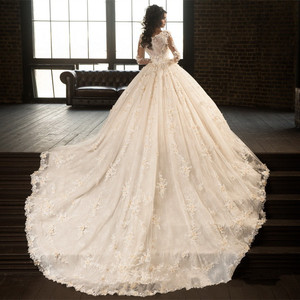 Lange Mouw Kant Trouwjurk Full Lace Bridal Prom Bruidsjurken Met V-hals 3D Bloem Bruidsjurk Trouwjurken