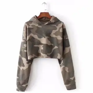 Commercio all'ingrosso Delle Donne Camouflage Stampa Al Largo Della Spalla Casual Oversize Crop Top Con Cappuccio