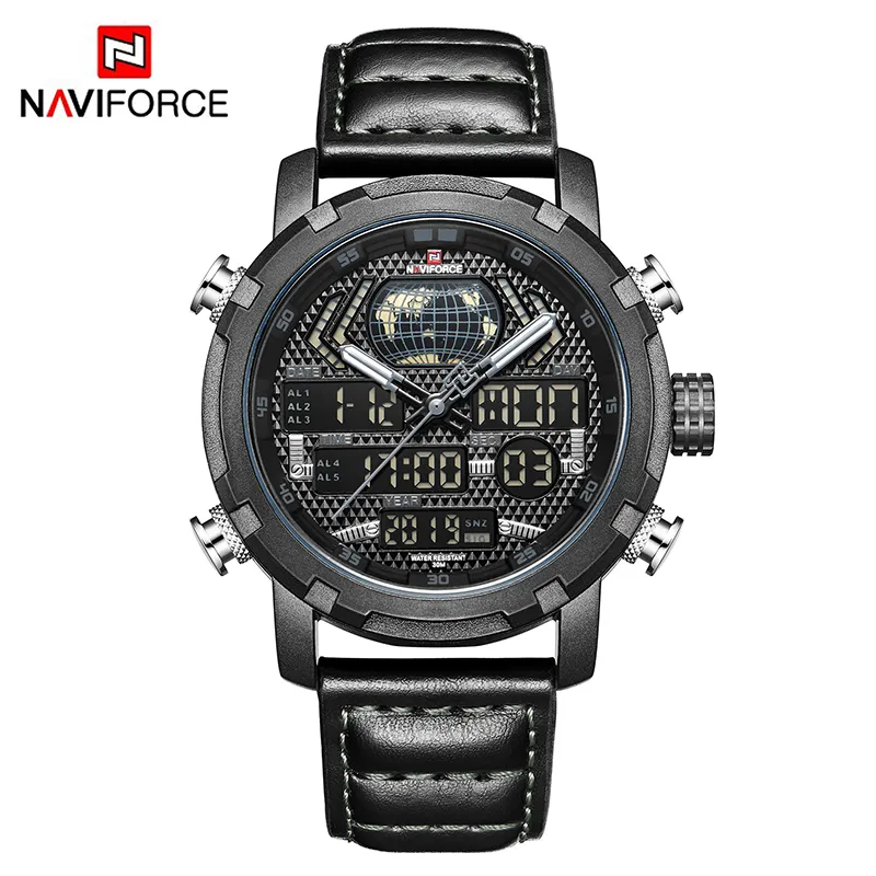 NAVIFORCE 9160 Dual Leather Fashion Calendar Week Time Display Quartz Digital Watches Men Wrist Brand