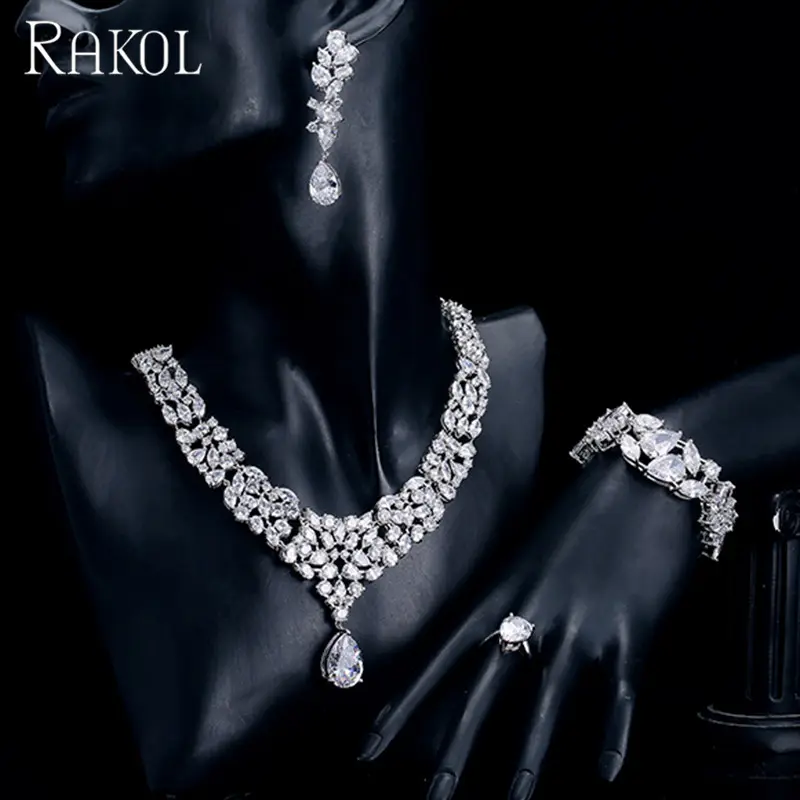 RAKOL SP236 di Lusso Completa CZ di zircon di Pietra di diamante Quattro Pezzi Da Sposa Da Sposa Insieme Dei Monili Delle Donne