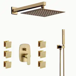 Bathroom Luxury Brass Brushed Gold 10 Inch Wall Mount best concealed thermostatic shower set Rainfall ShowerHead Mixer tap