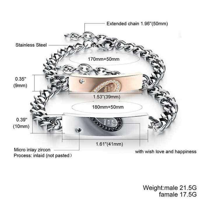 Wholesale Custom Engraved Silver and Gold Plated Couple Heart Lucky Charm Couple Lover Bracelet