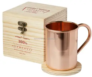 Moscow Mule 100% Pure Copper Mug 16 Ounce with Wooden Gift Box and Coaster for Copper Cup