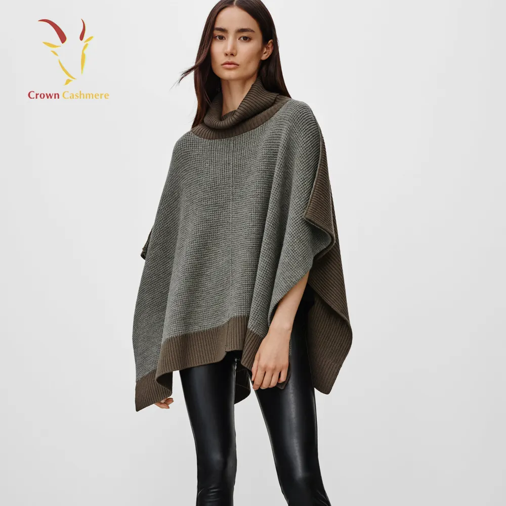 Mulheres Inverno Malha De Cashmere Poncho, Poncho de Gola Alta para As Mulheres