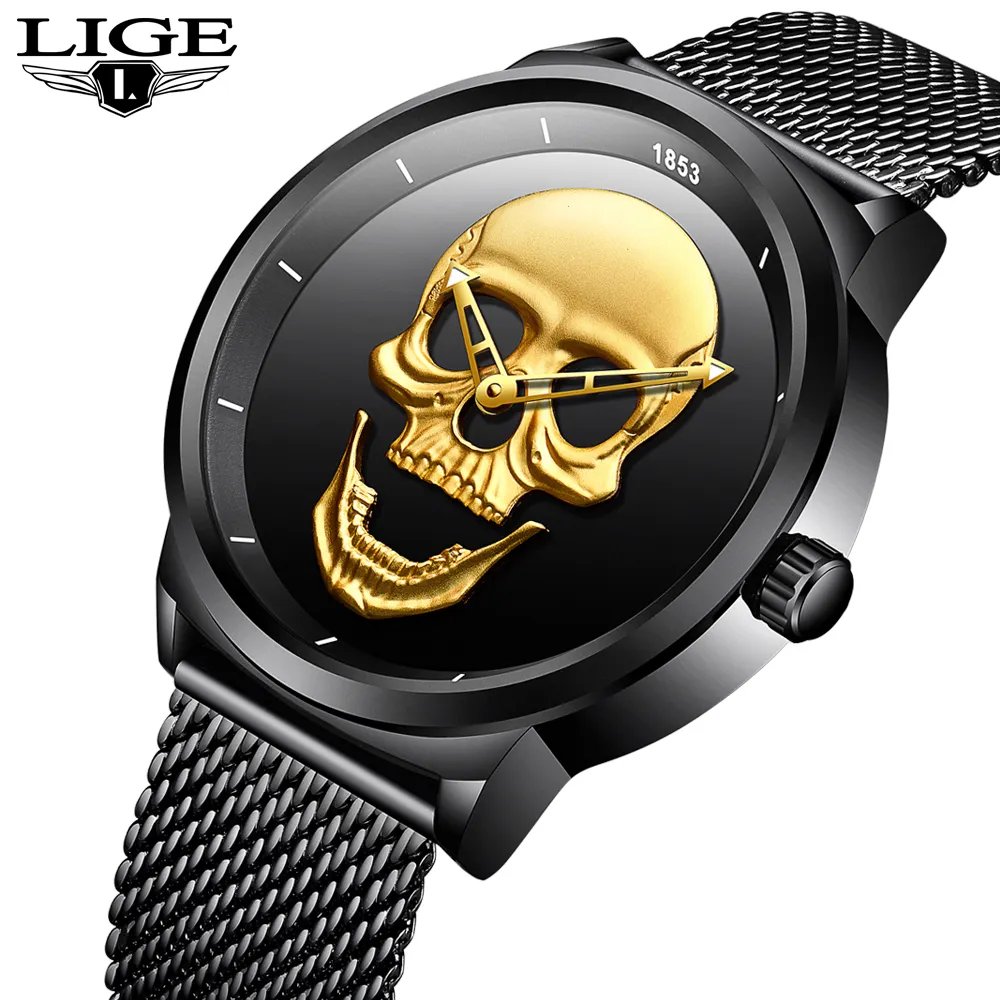 LIGE New Men's Watches Top Brand Casual Fashion 3D Skull Quartz Mesh Belt Waterproof for Men Women