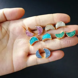 WT-E282 Design Lovely Natural Druzy Quartz Crescent Earring Colorful Tiny Moon Quartz Stud Earring With 24k Gold Electroplated