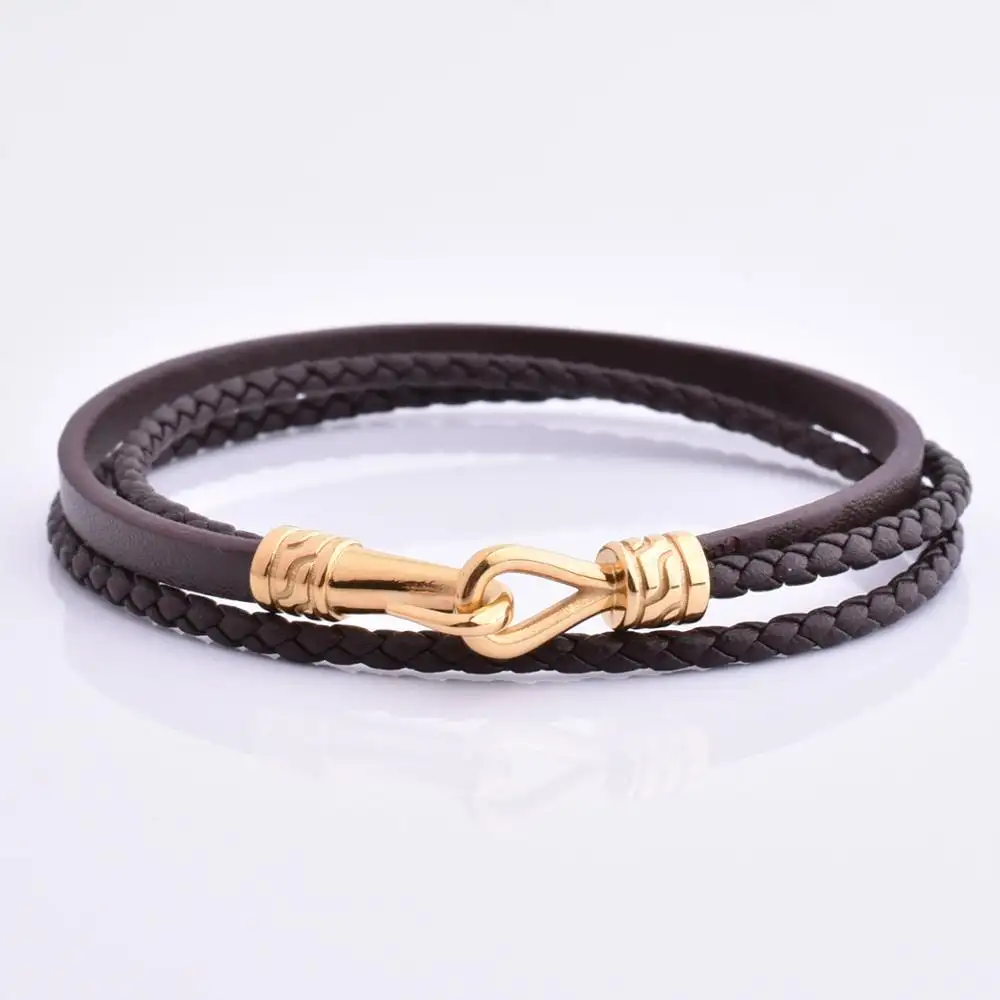 Factory Wholesale Custom Logo Personalized Stylish Custom Gold Fish Hook Brown Leather Bracelet For Men