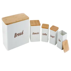 Metal Square Bread bin and Storage jar canister set with bamboo lid