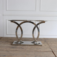 Table console moderne avec base en acier inoxydable brillant de couleur brune et finition antique, plateau en bois pour salon et hôtel