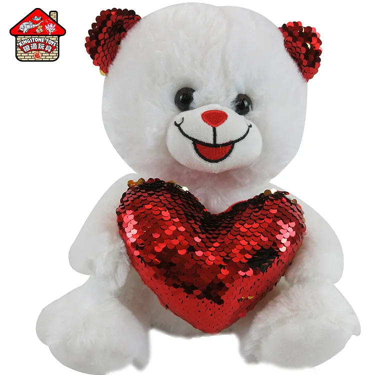 Stuffed Bear Baby Toy Sequin Heart Smile Plush Teddy with Red Bear for Your Lover