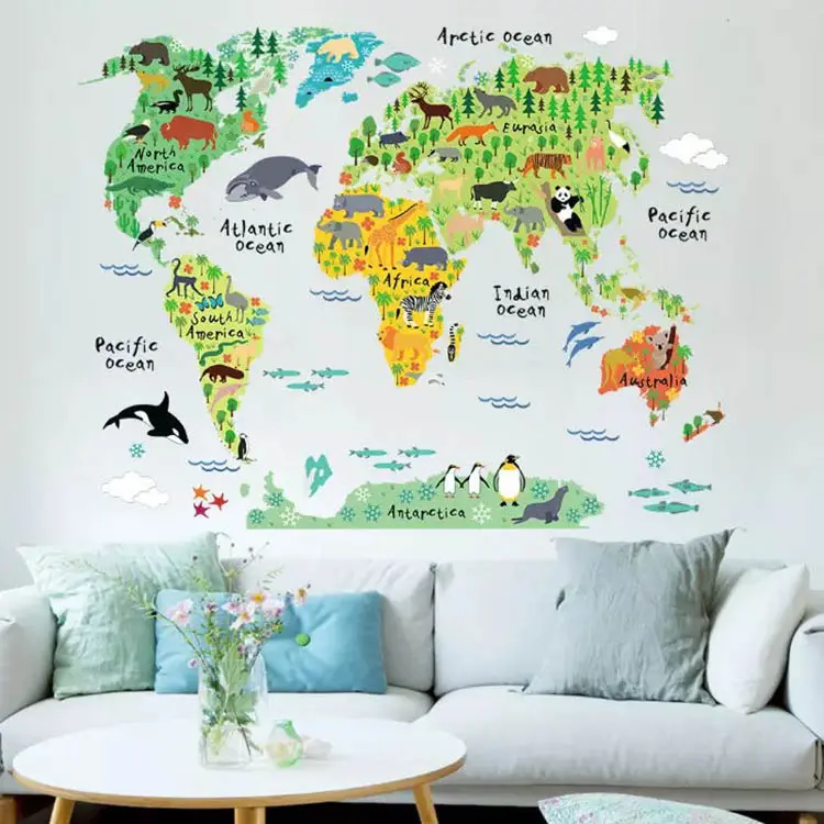Animal world map wall stickers kids bedroom living room background 3d stickers for home decoration