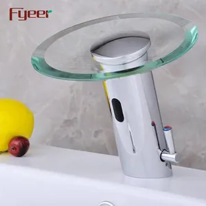 Fyeer Glass Spout Single Handle Waterfall Bathroom DC Power Automatic Infrared Sensor Faucet