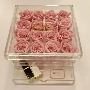 透明亚克力花卉展示盒有机玻璃保存16朵玫瑰亚克力展示盒带抽屉化妆盒