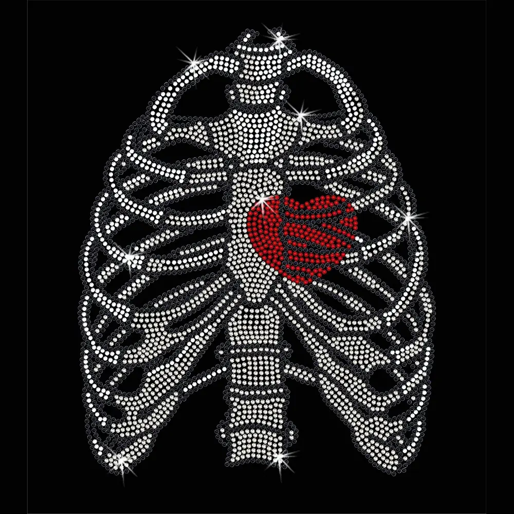 Bling Ribcage Disegno Del Cuore Di Cristallo di Trasferimento Ferro Sul Hotfix Gemma di Cristallo T-Shirt Motivo di Trasferimento Del Rhinestone Per T-Shirt