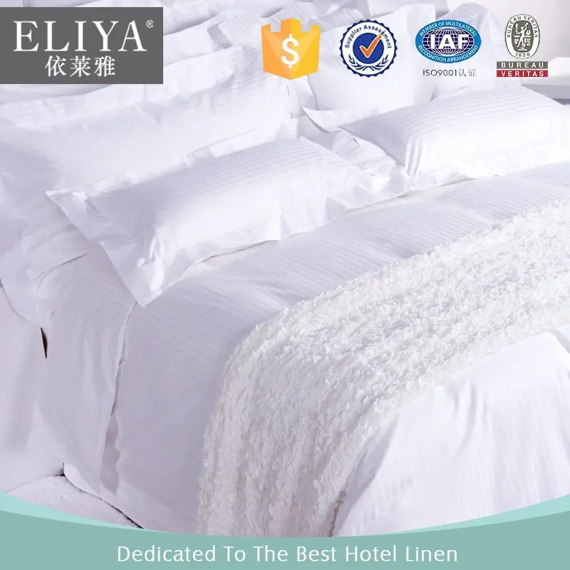 eliya 핫 판매 새틴 올이가는 고급 무명천 호텔 침구 세트, 도매 200tc/250tc 흰색면 스트라이프 호텔 침대 시트