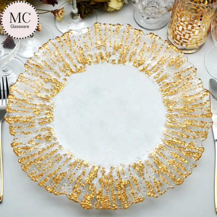 13 inch Gold glass charger plates wedding with gold rim wholesale