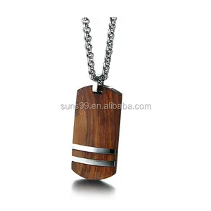 Thời Trang Trang Sức Gỗ Bán Buôn Châu Phi Bubinga Gỗ Thép Không Gỉ Sọc Dog Tag Vòng Cổ Mặt Dây Chuyền Nam