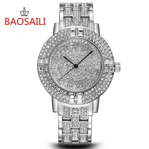 घड़ियाँ महिला BAOSAILI ब्रांड सुरुचिपूर्ण देवियों पूर्ण हीरे की घड़ी स्टेनलेस स्टील वापस पानी प्रतिरोधी घड़ी Montre Femme