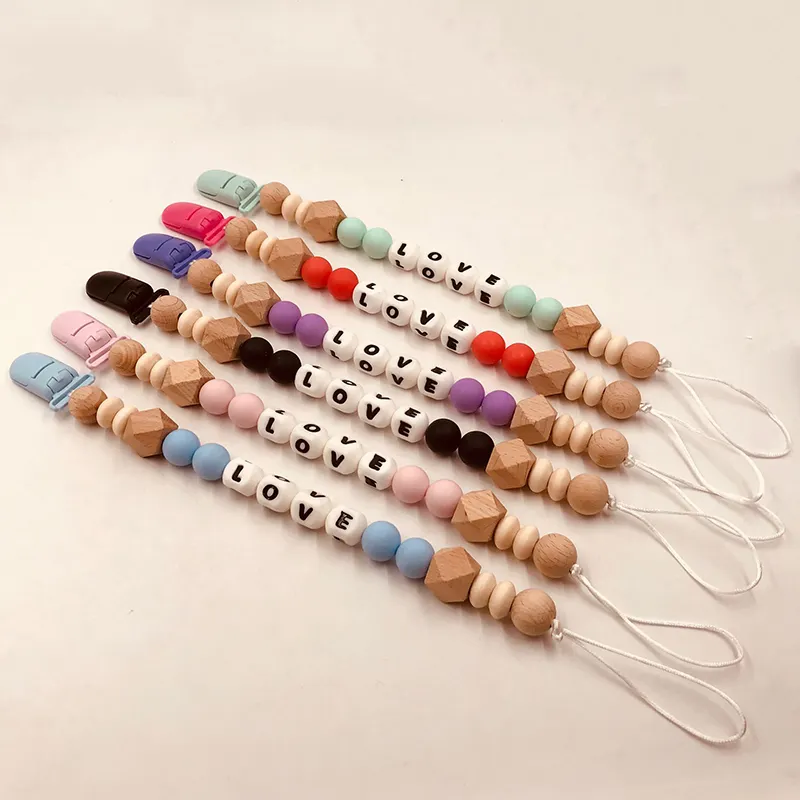 Clip de silicona para chupete de bebé, cadena de chupete de colores con nombre personalizado para dentición de bebé
