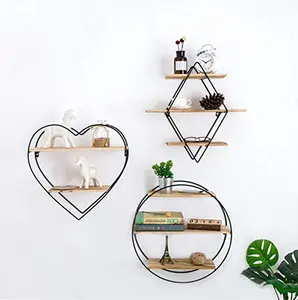 Modern Wooden and Metal Decorative Heart Shape Floating Wall Storage Shelves