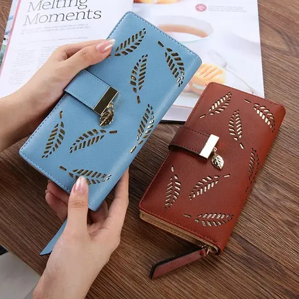 Korean style ladies beautiful hollow leaf wallets pu leather hand purse for women