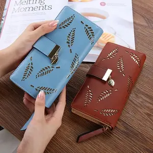 Korean style ladies beautiful hollow leaf wallets pu leather hand purse for women