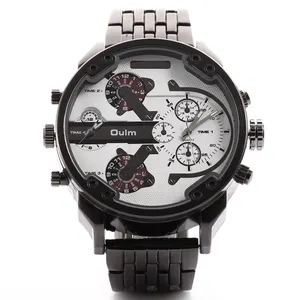 wholesale alloy metal band oulm brand japan movement 2 time zone big face design men hand watch