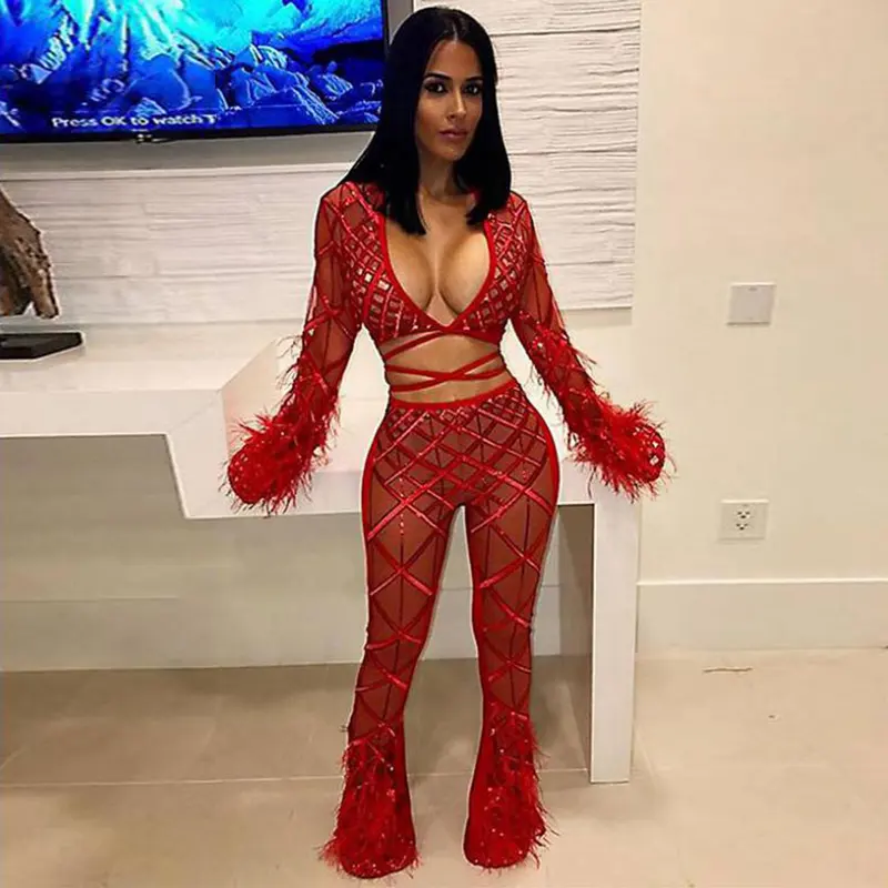 Красный сексуальный бандажный комплект из двух предметов с длинным топом и брюками