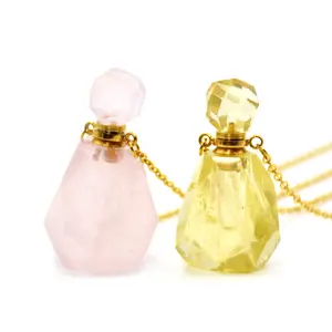 Perfume Bottle Faceted Natural Stone pendant Connectors amethyst Pink Quartz Double Charms for Necklace Making