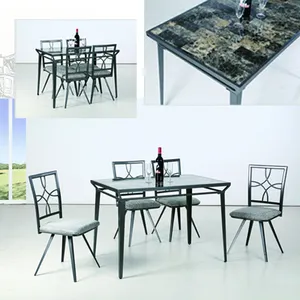 Customized fashionable modern grey dinning room furniture set glass top metal base square formal dining table set for 4 persons