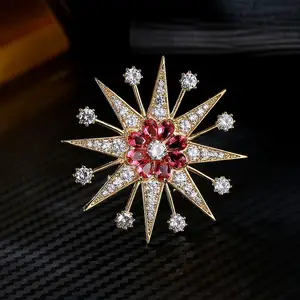 BR8017 Huilin hotsale crystal brooch eight stars snowflake brooch pins fashion bride metal pin badge for wedding