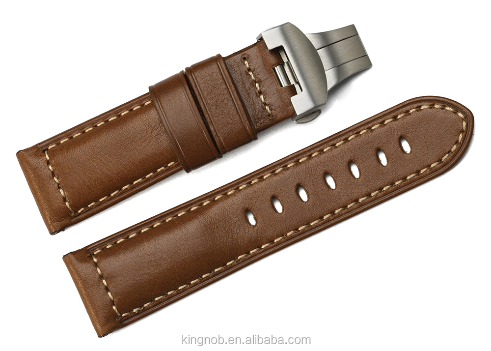 24mm En Acier Inoxydable Boucle Déployante Main Peau de Veau Bande de Montre en cuir