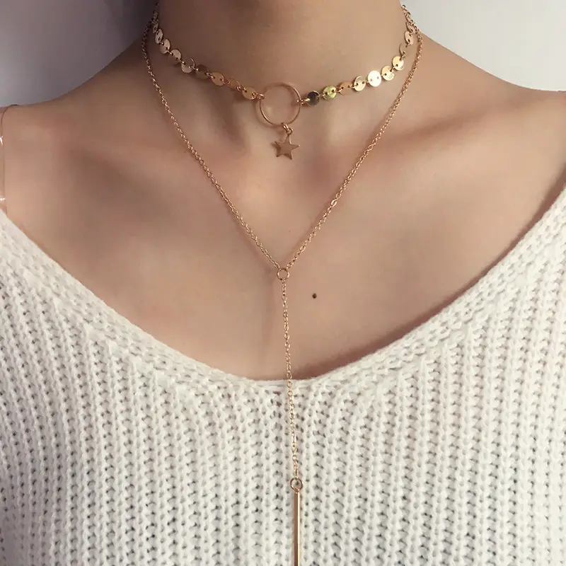 Kalung Choker Wanita Lapisan Ganda Desain Leher Churidar Terbaru New Moon dan Star