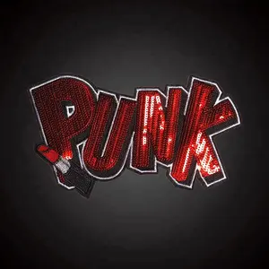 Punk woord rode lip stick aangepaste logo ontwerp pailletten borduurwerk patch