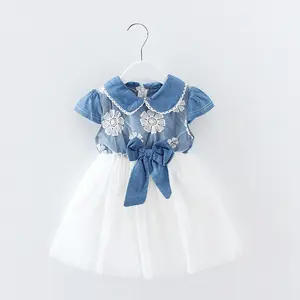 हाओ बच्चे बच्चों के पहनने नई झोंके पोशाक फीता राजकुमारी ड्रेस बच्चे डेनिम शॉर्ट आस्तीन पोशाक