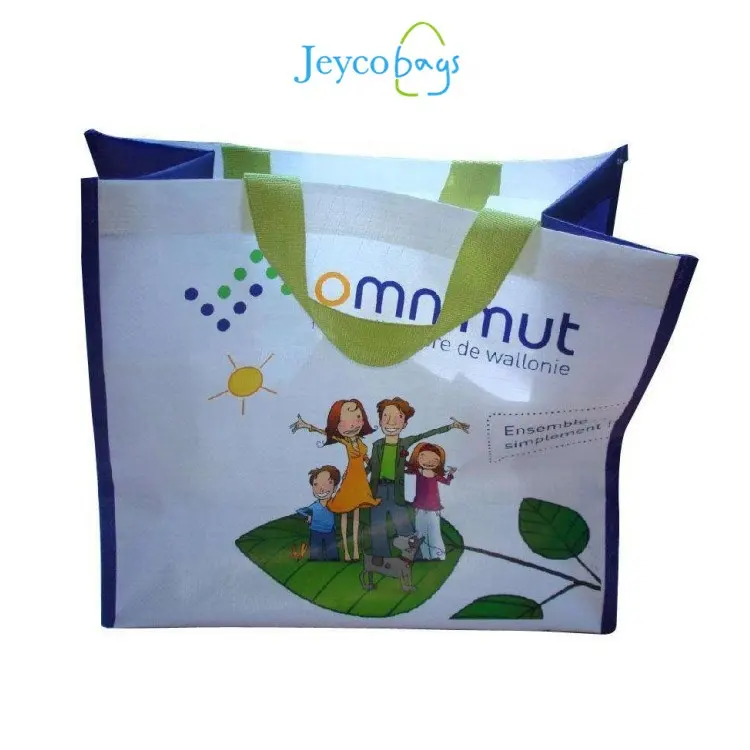 JEYCO bolsas Venta caliente promocional logotipo impreso personalizado eco bolsa de embalaje reciclable de compras bolsa tejida pp con mango de nylon