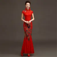 De moda chino damas elegante noche fiesta lentejuelas bordado Pavo Real de cola de pescado de la boda de encaje qipao cheongsam