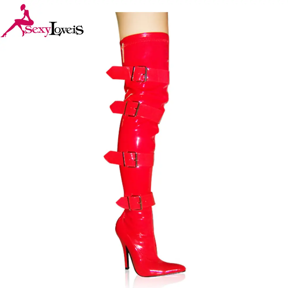 Big size 4 strap buckle sexy ladies boots high heel shoes girls thigh high boots women night club Pole dance women boots