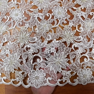 New design french white organza hand cut 3d sequin lace fabric beads bridal with pearls for wedding lace dress fabric HY0844-3