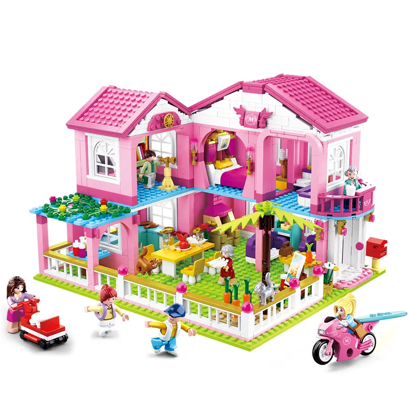 Popular pink princess castle set girls toys garden villa house bricks ABS plastic building blocks birthday gift