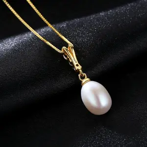 LUOTEEMI-collar con colgante de perla Natural para mujer, joyería de marca de alta calidad, Color dorado de 18K, 8-9mm, plata de ley 925