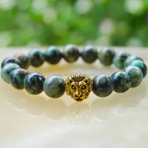 SN0749 Precio de fábrica African Turquoise Lion Mens Beaded Turquoise Lion Head Pulsera verde