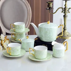 Nordic ceramic green marble coffee cup and saucer porcelain teapot milk pot sugar bowl 15pcs set