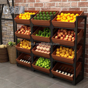 Soporte de exhibición de frutas personalizado moderno de 4 niveles, estante de supermercado de doble cara, hierro resistente con acabado de madera