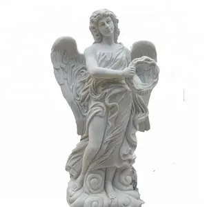 Escultura de piedra natural tallada de tamaño real, escultura de Ángel de mármol blanco a la venta