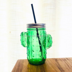Fermeture à glissière en verre en forme <span class=keywords><strong>de</strong></span> <span class=keywords><strong>Cactus</strong></span>, avec couvercles métalliques et pailles en plastique, pot <span class=keywords><strong>de</strong></span> maçon avec couvercle <span class=keywords><strong>de</strong></span> couleur argent, 15 oz, livraison gratuite - Product Image 2