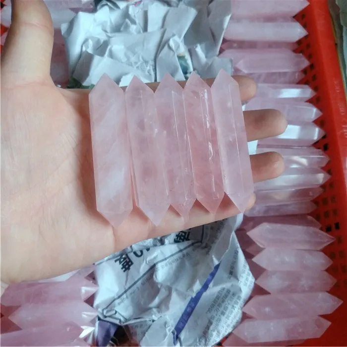 Pingentes de cristal de quartzo rosa natural, pingentes com pontas de cristal terminadas duplas