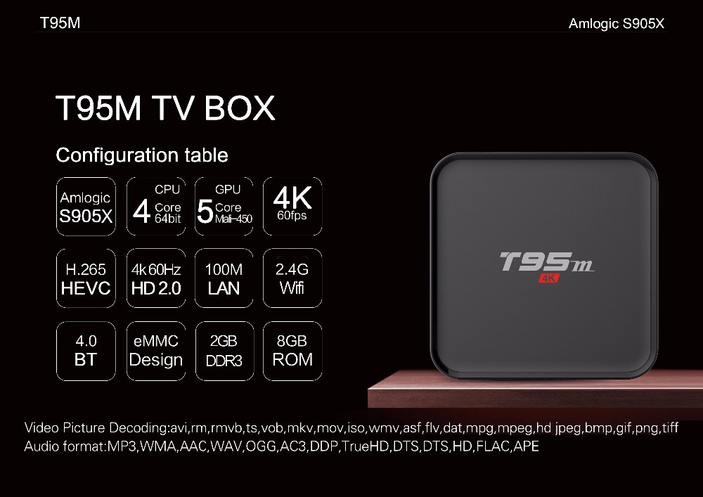S905X T95M TV box Amlogic Quad Core Android 6.0 2 GB 8 GB modelo Privado con pantalla LED Soporte KODI 16.0 Smart Media jugador
